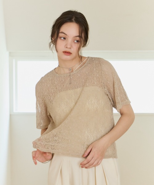 OLUN(オルン)の「nuance sheer half sleeve tops/ハーフスリーブニュアンスシアートップス(Tシャツ/カットソー・レディース・ベージュ/アイボリー・FREE)」の20枚目の写真
