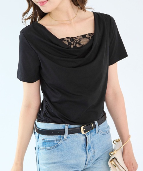Futier land(フューティアランド)の「【接触冷感】レース見えドレープ半袖トップス(Tシャツ/カットソー・レディース・ミント/ブラック/ホワイト/モカ・FREE)」の3枚目の写真
