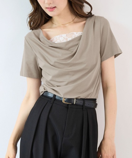 Futier land(フューティアランド)の「【接触冷感】レース見えドレープ半袖トップス(Tシャツ/カットソー・レディース・ミント/ブラック/ホワイト/モカ・FREE)」の1枚目の写真