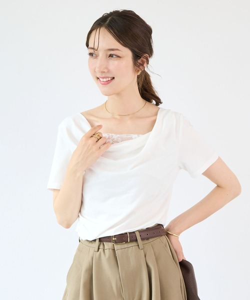 Futier land(フューティアランド)の「【接触冷感】レース見えドレープ半袖トップス(Tシャツ/カットソー・レディース・ミント/ブラック/ホワイト/モカ・FREE)」の5枚目の写真