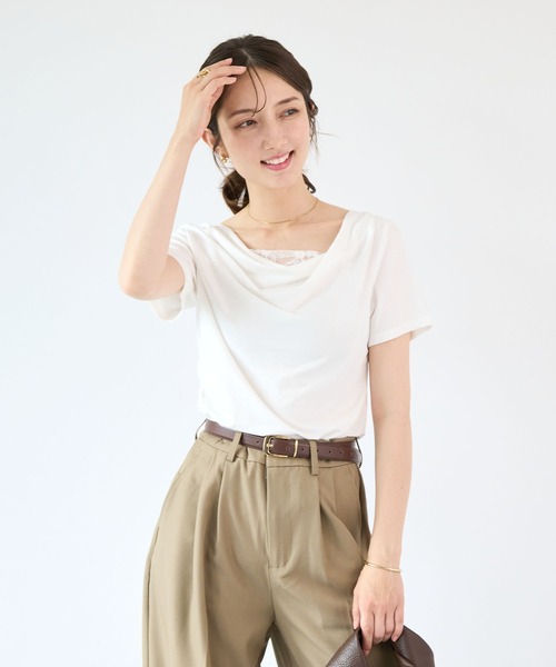 Futier land(フューティアランド)の「【接触冷感】レース見えドレープ半袖トップス(Tシャツ/カットソー・レディース・ミント/ブラック/ホワイト/モカ・FREE)」の6枚目の写真