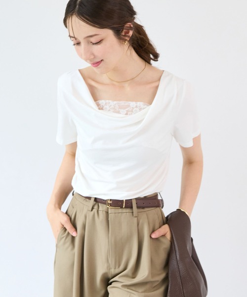 Futier land(フューティアランド)の「【接触冷感】レース見えドレープ半袖トップス(Tシャツ/カットソー・レディース・ミント/ブラック/ホワイト/モカ・FREE)」の8枚目の写真