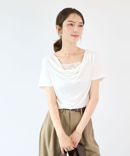 Futier land(フューティアランド)の「【接触冷感】レース見えドレープ半袖トップス(Tシャツ/カットソー・レディース・ミント/ブラック/ホワイト/モカ・FREE)」の9枚目の写真