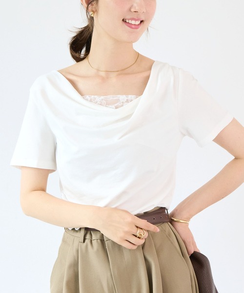 Futier land(フューティアランド)の「【接触冷感】レース見えドレープ半袖トップス(Tシャツ/カットソー・レディース・ミント/ブラック/ホワイト/モカ・FREE)」の10枚目の写真