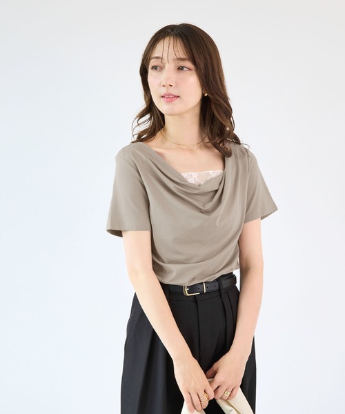 Futier land(フューティアランド)の「【接触冷感】レース見えドレープ半袖トップス(Tシャツ/カットソー・レディース・ミント/ブラック/ホワイト/モカ・FREE)」の16枚目の写真