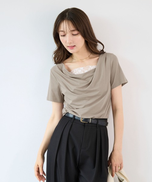 Futier land(フューティアランド)の「【接触冷感】レース見えドレープ半袖トップス(Tシャツ/カットソー・レディース・ミント/ブラック/ホワイト/モカ・FREE)」の18枚目の写真