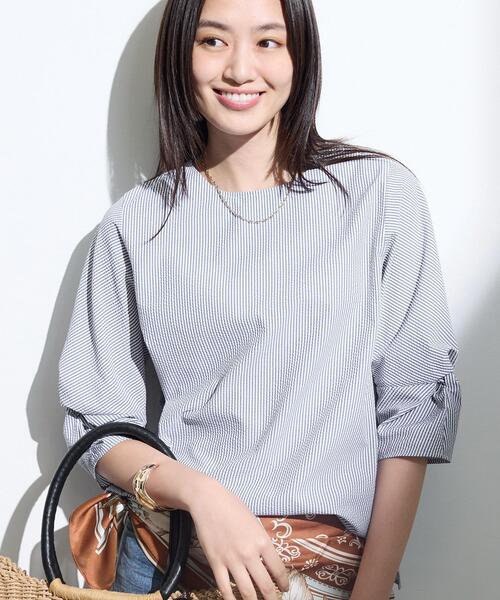 INDIVI(インディヴィ)の「【撥水/UVケア】ねじり袖サッカートップス(Tシャツ/カットソー・レディース・ホワイト/ネイビー系2/ブラック/イエロー系9・15 /05/34/38/19/13)」の16枚目の写真