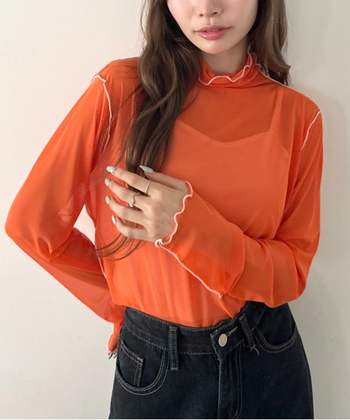 CLEA(クレア)の「パイイングシアーネックトップス(Tシャツ/カットソー・レディース・ブラック/アイボリー/オレンジ/グレー/ブラウン・FREE)」の5枚目の写真
