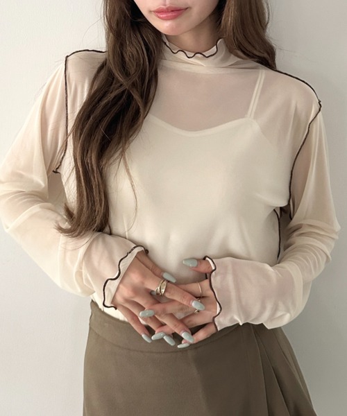 CLEA(クレア)の「パイイングシアーネックトップス(Tシャツ/カットソー・レディース・ブラック/アイボリー/オレンジ/グレー/ブラウン・FREE)」の2枚目の写真