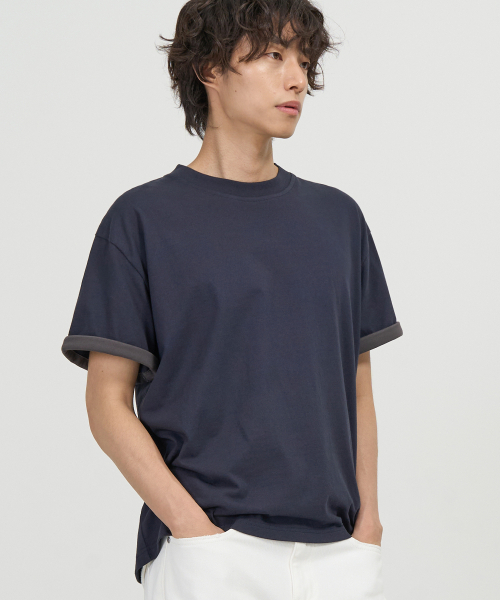 EXCONTAINER(エックスコンテナ)の「スリーブレイヤードクロップハーフTシャツ (ネイビー)(Tシャツ/カットソー・メンズ・その他・MEDIUM/LARGE/X-LARGE)」の1枚目の写真