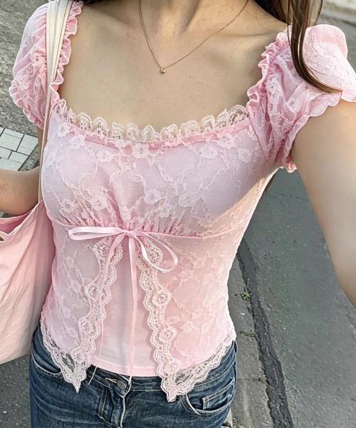 ViViDAY(ビビデー)の「フロントリボン レースショートtシャツ(Tシャツ/カットソー・レディース・ピンク・M)」の5枚目の写真