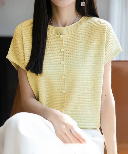 ONEP STAR(ワンピスター)の「フロントボタンリブ半袖サマーニット(ニット/セーター・レディース・ホワイト/ブラック/ピンク/イエロー/ブルー・FREE)」の20枚目の写真