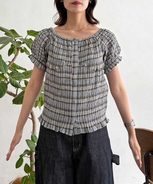 CPCM(シーピーシーエム)の「チェックシャーリングブラウス(シャツ/ブラウス・レディース・ブラック/ベージュ/サックスブルー・FREE)」の16枚目の写真