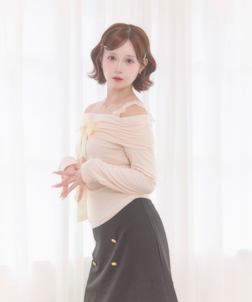 Mejoul(メジュール)の「【2026秋冬新作】レースオフショルリボン リブニットトップス(Tシャツ/カットソー・レディース・ホワイト・F)」の12枚目の写真