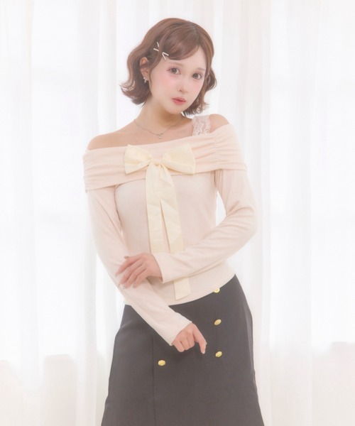 Mejoul(メジュール)の「【2026秋冬新作】レースオフショルリボン リブニットトップス(Tシャツ/カットソー・レディース・ホワイト・F)」の10枚目の写真