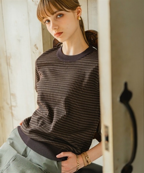 Maison INNESS(メゾンアイネス)の「コントラストヤーン ジャガード編み5分袖ニット(UVカット)(ニット/セーター・レディース・ブラウン/ライトベージュ・L/M/LL/S/5L/4L/3L)」の1枚目の写真
