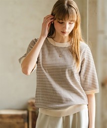 コントラストヤーン ジャガード編み5分袖ニット(UVカット)
