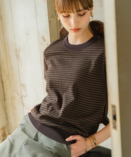 Maison INNESS(メゾンアイネス)の「コントラストヤーン ジャガード編み5分袖ニット(UVカット)(ニット/セーター・レディース・ブラウン/ライトベージュ・L/M/LL/S/5L/4L/3L)」の9枚目の写真