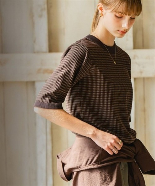 Maison INNESS(メゾンアイネス)の「コントラストヤーン ジャガード編み5分袖ニット(UVカット)(ニット/セーター・レディース・ブラウン/ライトベージュ・L/M/LL/S/5L/4L/3L)」の10枚目の写真