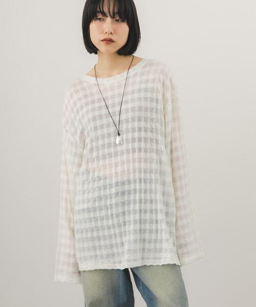 KBF(ケイビーエフ)の「シャドーチェックルーズロンTEE(Tシャツ/カットソー・レディース・ブラック/アイボリー・ONE)」の2枚目の写真