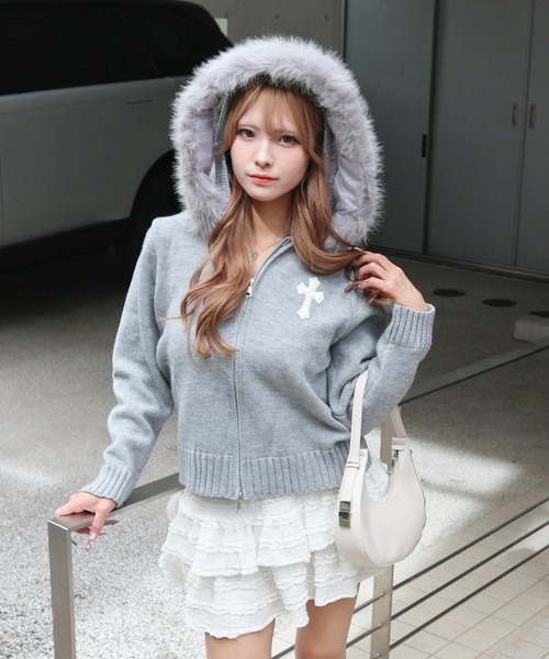heve Tinker Knit gray ティンカーニット グレー ベスト Cross Fur Hoodie Knit Parka / クロスファーフーディーニットパーカー