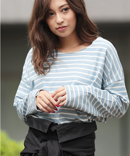 Denime（ドゥニーム）の「ドロップショルダーボーダーロングTEE（Tシャツ/カットソー・レディース・ホワイト/グレー/サックスブルー・FREE）」の5枚目の写真