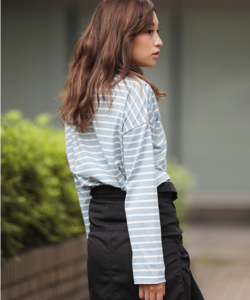 Denime（ドゥニーム）の「ドロップショルダーボーダーロングTEE（Tシャツ/カットソー・レディース・ホワイト/グレー/サックスブルー・FREE）」の4枚目の写真