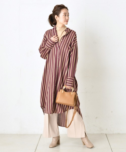 DouDou(ドゥドゥ)の「ストライプロングシャツワンピース(ワンピース・レディース・オフホワイト/ボルドー・FREE)」の2枚目の写真