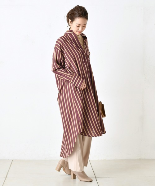 DouDou(ドゥドゥ)の「ストライプロングシャツワンピース(ワンピース・レディース・オフホワイト/ボルドー・FREE)」の10枚目の写真
