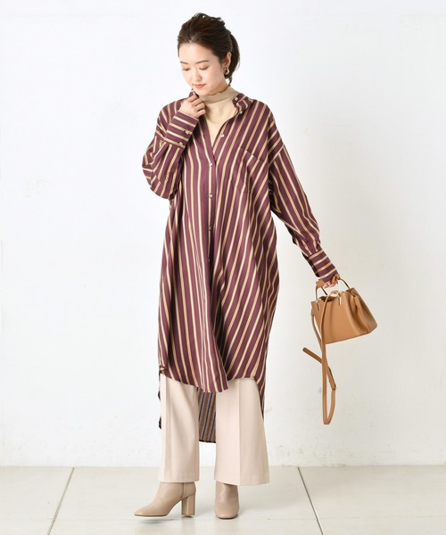 DouDou(ドゥドゥ)の「ストライプロングシャツワンピース(ワンピース・レディース・オフホワイト/ボルドー・FREE)」の11枚目の写真