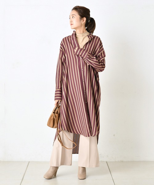 DouDou(ドゥドゥ)の「ストライプロングシャツワンピース(ワンピース・レディース・オフホワイト/ボルドー・FREE)」の13枚目の写真