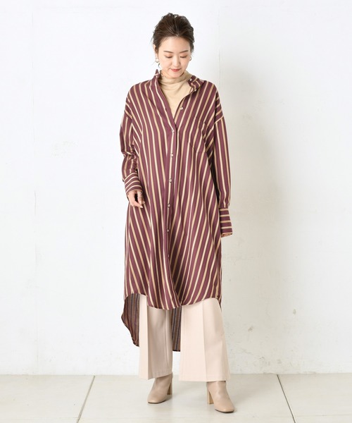 DouDou(ドゥドゥ)の「ストライプロングシャツワンピース(ワンピース・レディース・オフホワイト/ボルドー・FREE)」の4枚目の写真
