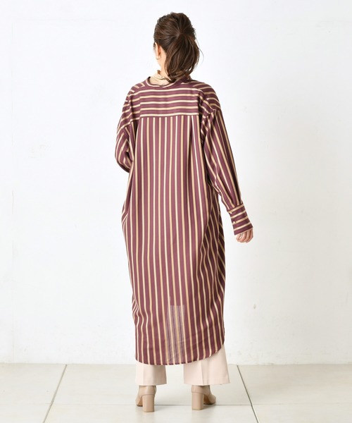 DouDou(ドゥドゥ)の「ストライプロングシャツワンピース(ワンピース・レディース・オフホワイト/ボルドー・FREE)」の6枚目の写真