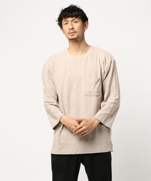 TRAP/U (トラップユー)の「【69】【TRAP/U】ヘリンボーンジャガード ビッグカットソー(Tシャツ/カットソー・メンズ・ホワイト/モカ/ベージュ/ライトピンク・MEDIUM/LARGE)」の1枚目の写真