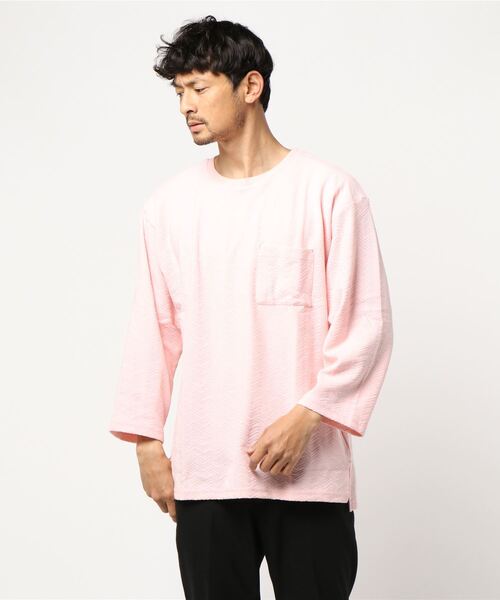 TRAP/U (トラップユー)の「【69】【TRAP/U】ヘリンボーンジャガード ビッグカットソー(Tシャツ/カットソー・メンズ・ホワイト/モカ/ベージュ/ライトピンク・MEDIUM/LARGE)」の2枚目の写真