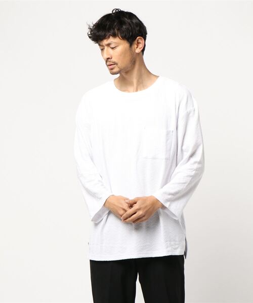 TRAP/U (トラップユー)の「【69】【TRAP/U】ヘリンボーンジャガード ビッグカットソー(Tシャツ/カットソー・メンズ・ホワイト/モカ/ベージュ/ライトピンク・MEDIUM/LARGE)」の3枚目の写真
