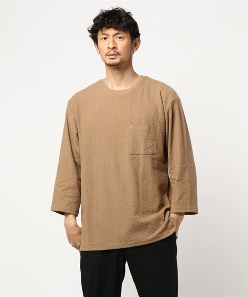 TRAP/U (トラップユー)の「【69】【TRAP/U】ヘリンボーンジャガード ビッグカットソー(Tシャツ/カットソー・メンズ・ホワイト/モカ/ベージュ/ライトピンク・MEDIUM/LARGE)」の4枚目の写真