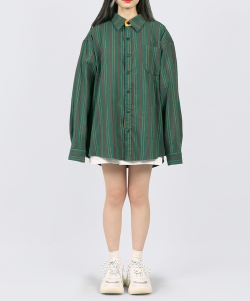 DING（ディング）の「DING/バックボタンストライプシャツ（シャツ/ブラウス・レディース・グリーン/ブラック・FREE）」の6枚目の写真