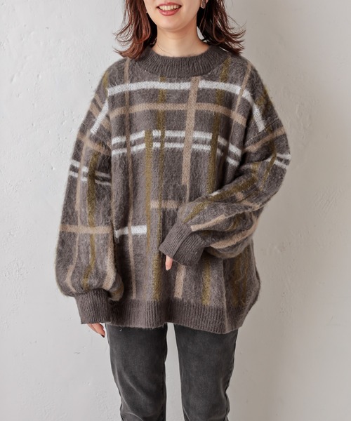 natural couture（ナチュラルクチュール）の「シャギーチェックゆったりニット（ニット/セーター・レディース・ブラック/ベージュ/アイボリー・FREE）」の9枚目の写真