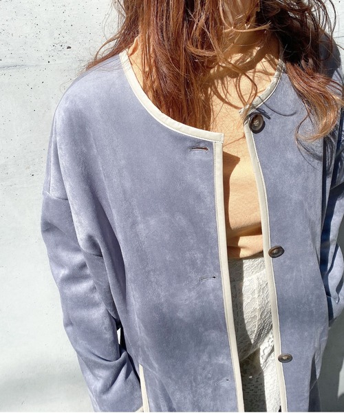 archives（アルシーヴ）の「パイピングコート（ノーカラーコート・レディース・アイボリー/グレイッシュベージュ/ブルー・MEDIUM）」の13枚目の写真