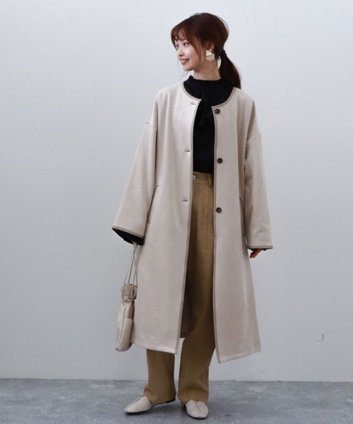 archives（アルシーヴ）の「パイピングコート（ノーカラーコート・レディース・アイボリー/グレイッシュベージュ/ブルー・MEDIUM）」の6枚目の写真