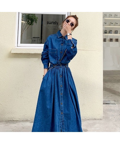シャツワンピース ウエスト絞り ドロスト デニム ロング 長袖 青 セール】大人シルエット ロング丈 デニムシャツワンピース