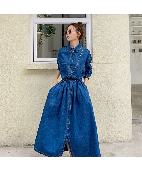 ワンピース シャツドレス デニム レトロ ルーズ お出かけ 大人 セール】大人シルエット ロング丈 デニムシャツワンピース