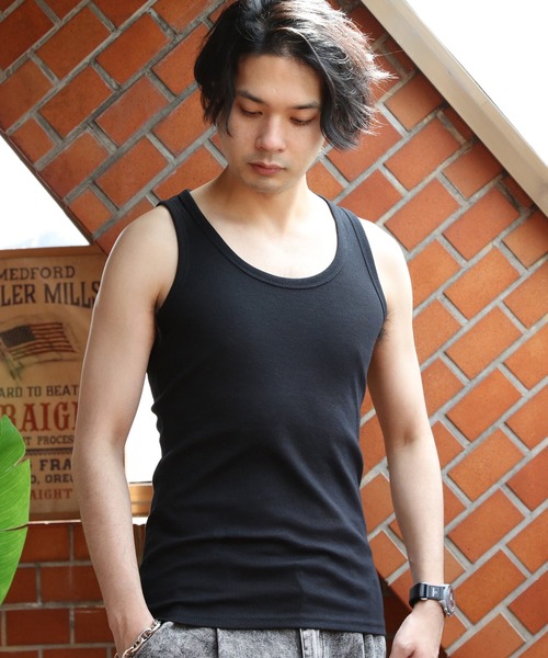 ８(eight)（エイト）の「シンプル無地タンクトップ（タンクトップ・メンズ・チャコールグレー/オフホワイト/モカ/オリーブ/ブルー/ダークブルー/ターコイズブルー/バーガンディー/パープル/レッド/オレンジ/ライトピンク/ブラック/イエロー/ライム/杢グレー/ライトグレー/ヘザーチャコール/ネイビー/インディゴブルー/ブラウン・MEDIUM/X-LARGE/LARGE）」の3枚目の写真