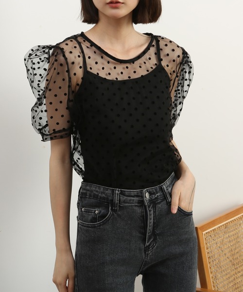 MAISON DE THERESE（メゾン ド テレーズ）の「ドット柄　キャミソール付き　チュールブラウス（シャツ/ブラウス・レディース・ブラック/ブラウン/ベージュ/ホワイト・M）」の21枚目の写真