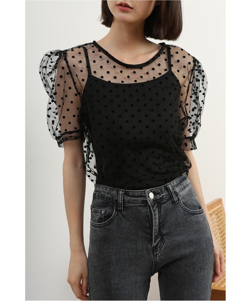 MAISON DE THERESE（メゾン ド テレーズ）の「ドット柄　キャミソール付き　チュールブラウス（シャツ/ブラウス・レディース・ブラック/ブラウン/ベージュ/ホワイト・M）」の20枚目の写真