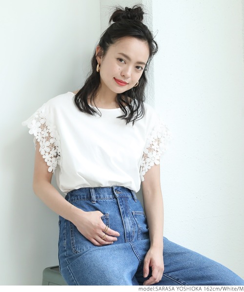 coca(coca)(コカ)の「肩レースTシャツ(Tシャツ/カットソー・レディース・ホワイト/ブラック・M/L)」の6枚目の写真