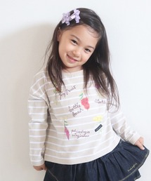trois lapins kp | お花プリント　ボーダー長袖Tシャツ(100-130cm)(Tシャツ/カットソー)