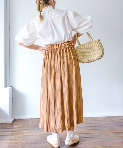 T257/未使用 CLANE ロングスカート ハイドプリーツ 1 オレンジ セール】 デシンワッシャー消しプリーツスカート （ロング