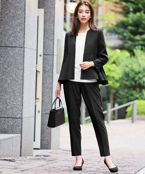 セール】ノーカラーペプラムジャケット テーパードパンツ セットアップ